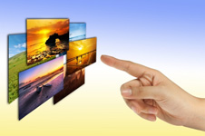 Hand pointing towards selection of images
